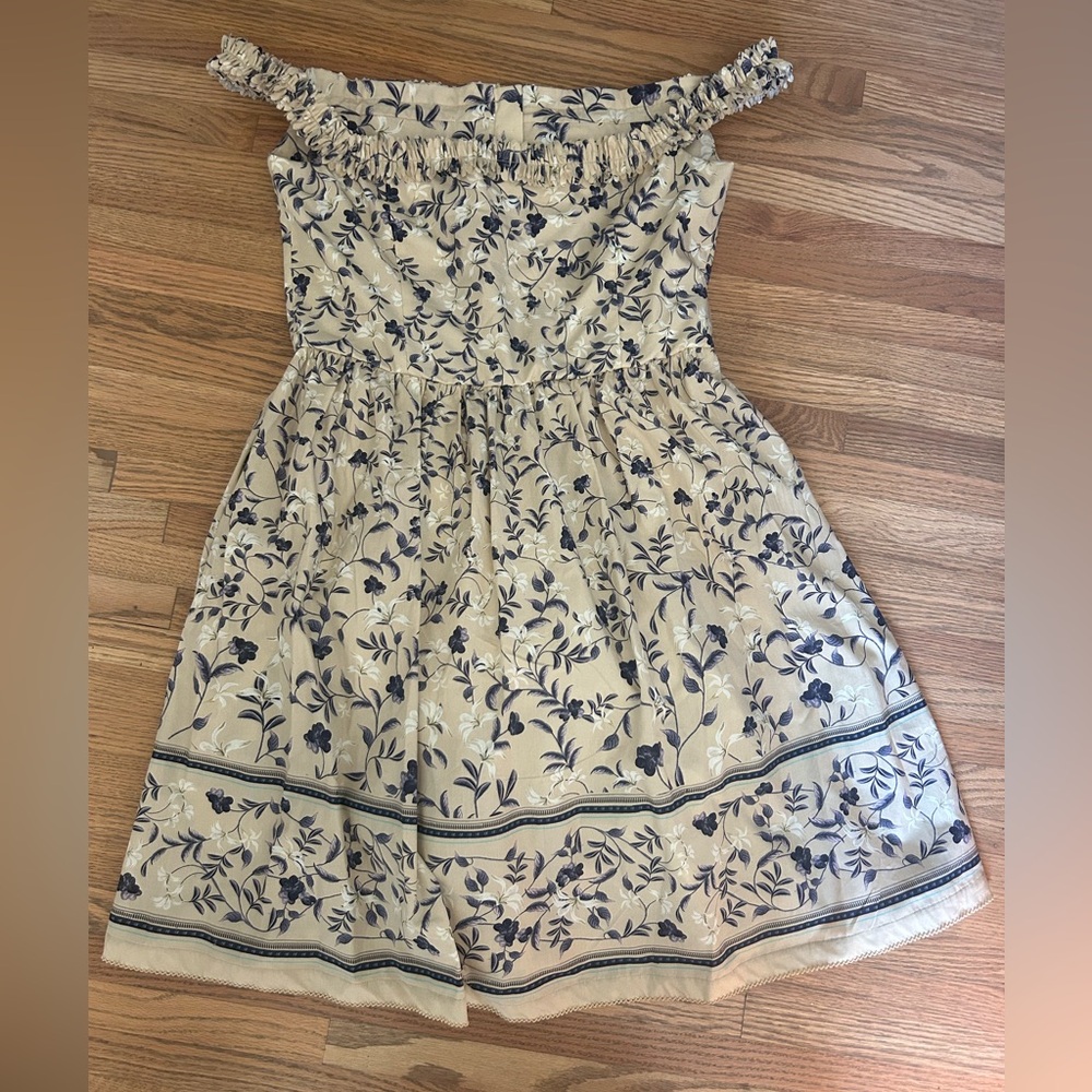 Agua by Agua Bendita Off-Shoulder Floral Dress in Blue and Cream